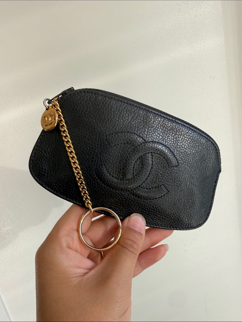 CHANEL vintage black caviar skin wristlet pouch